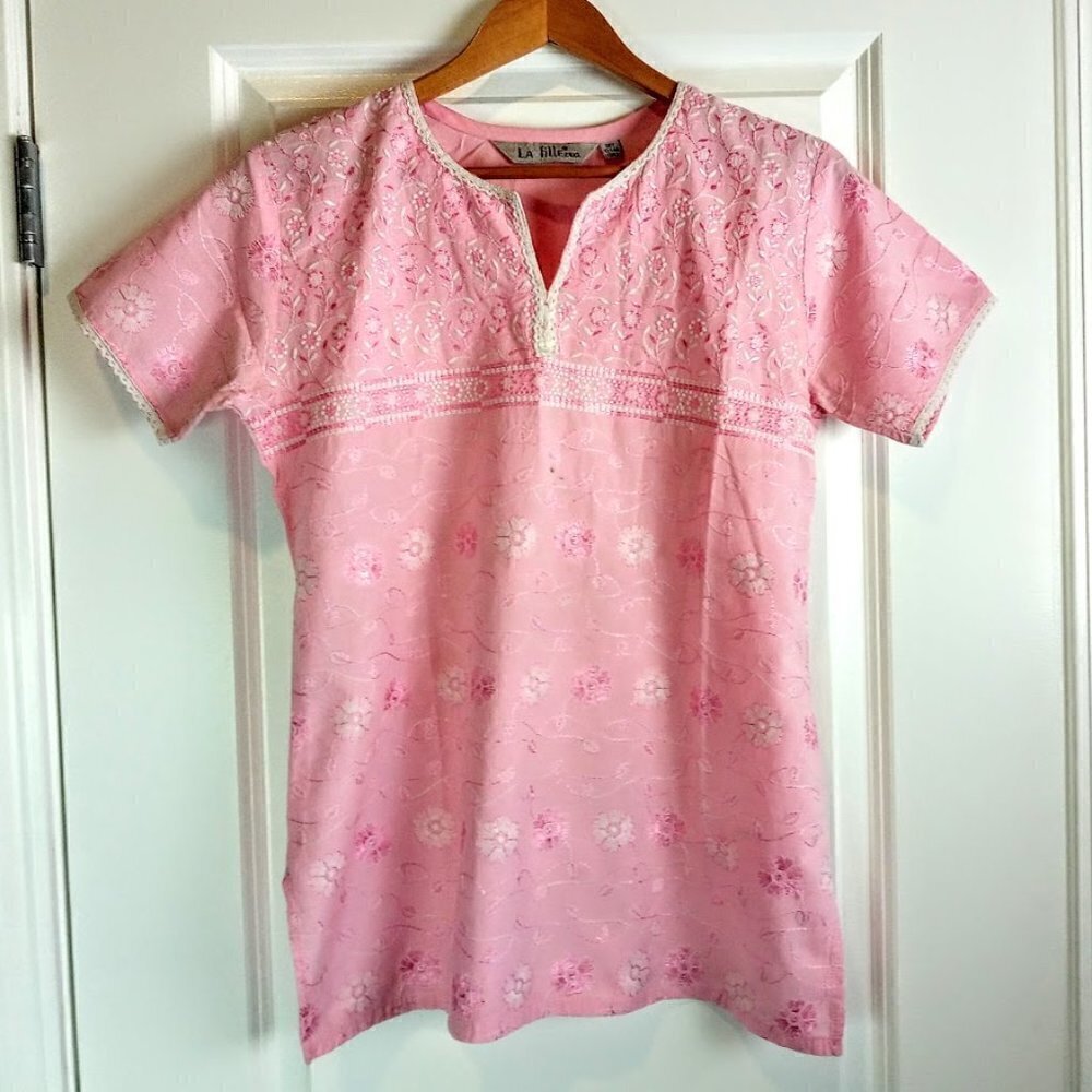 La Fille 28XL Pink Embroidered Cotton SS Top